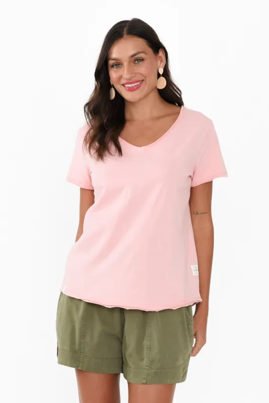 Maggie Pink Cotton Vee Tee sold by Blue Bungalow