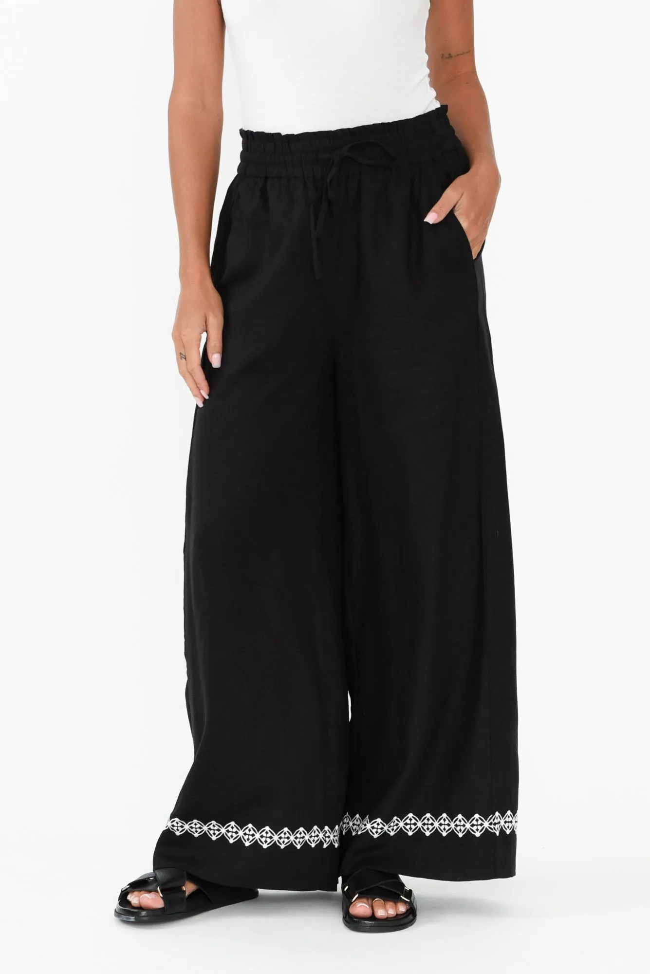 Nina Black Embroidered Linen Blend Pants sold by Blue Bungalow