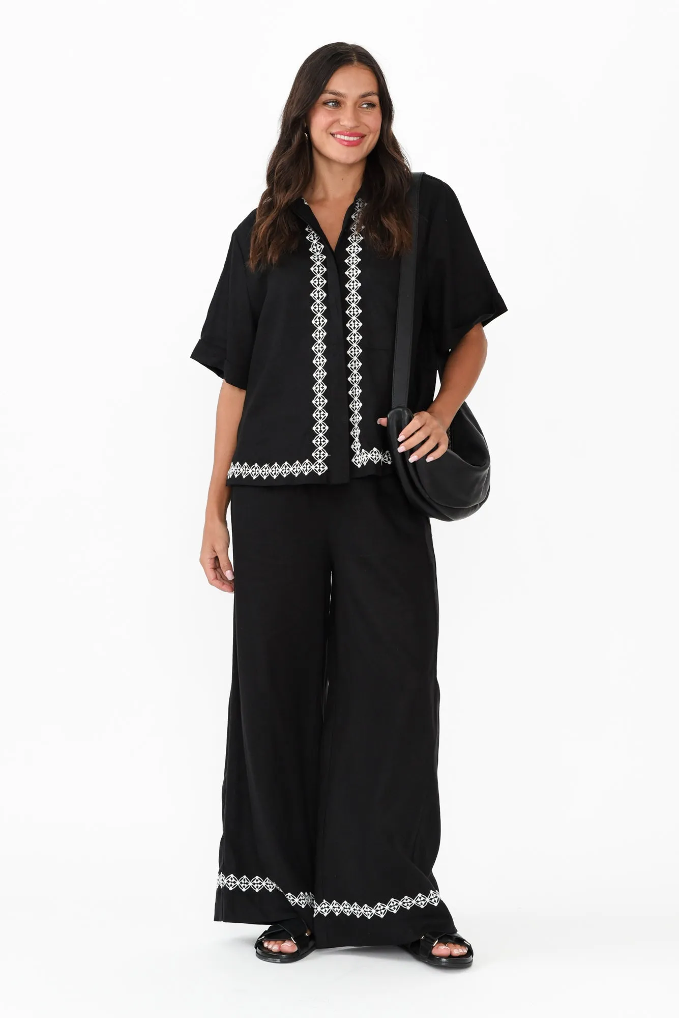 Nina Black Embroidered Linen Blend Pants sold by Blue Bungalow product image thumbnail 2