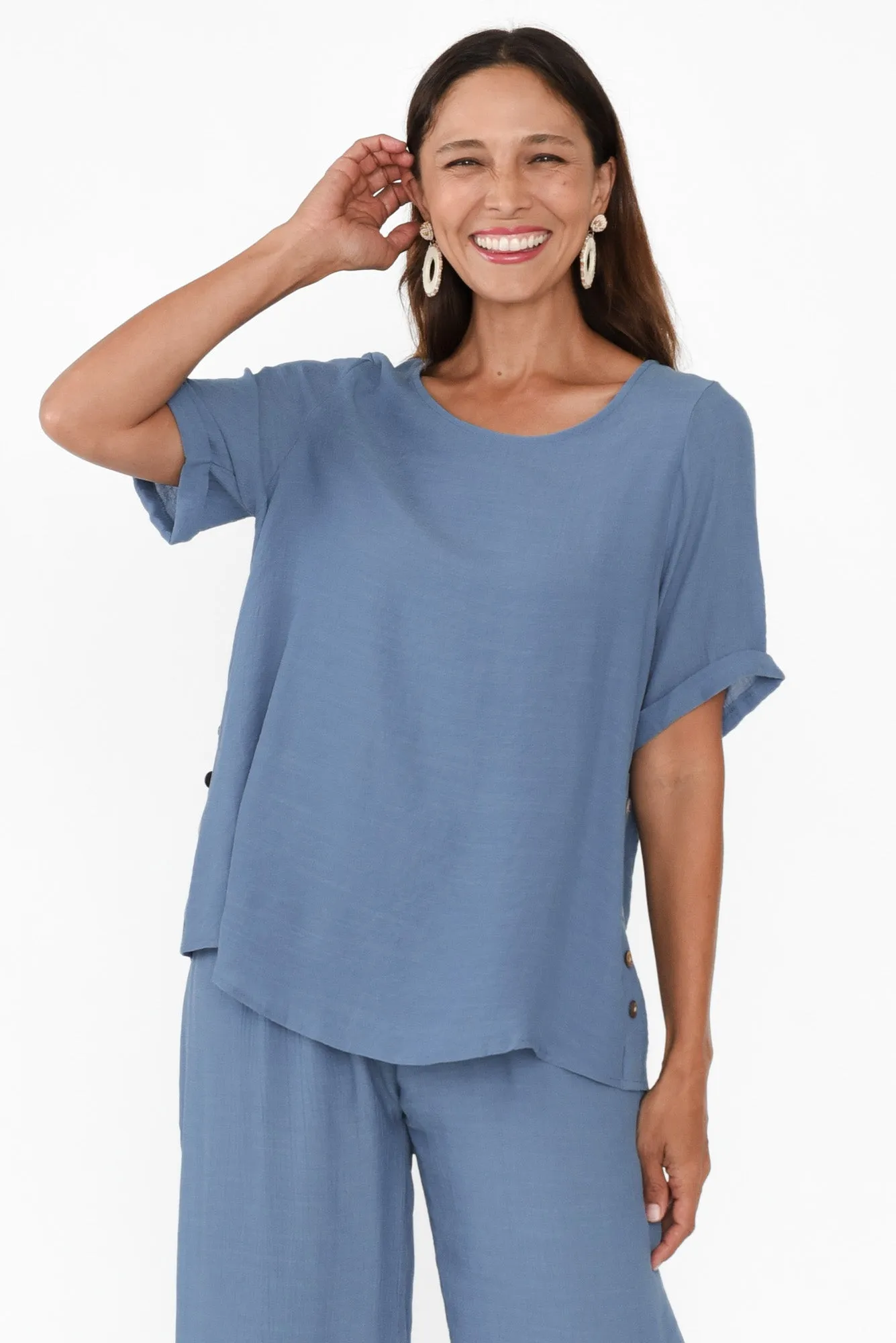 Nettie Blue Cotton Blend Button Top sold by Blue Bungalow