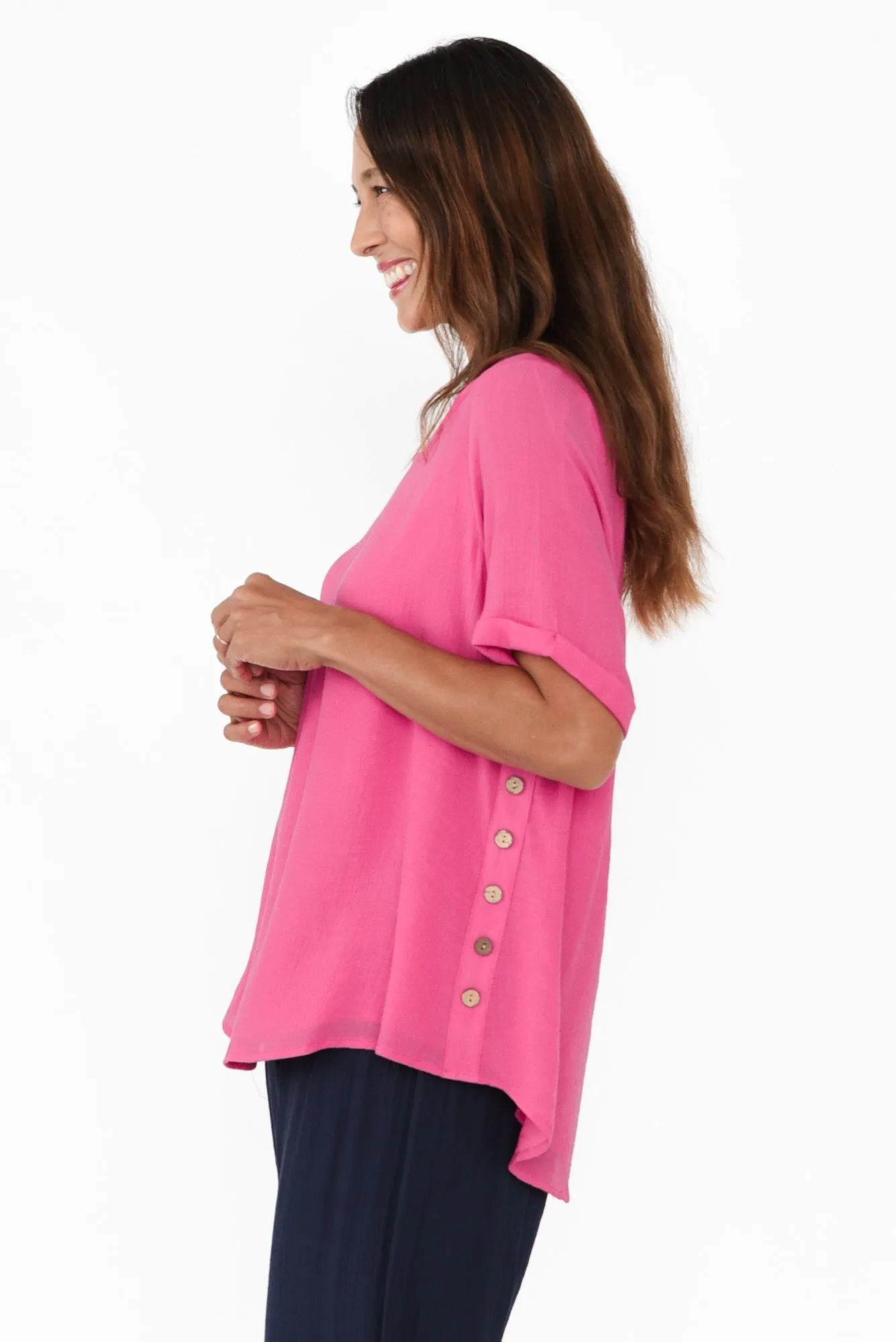 Nettie Hot Pink Cotton Blend Button Top sold by Blue Bungalow product image thumbnail 3