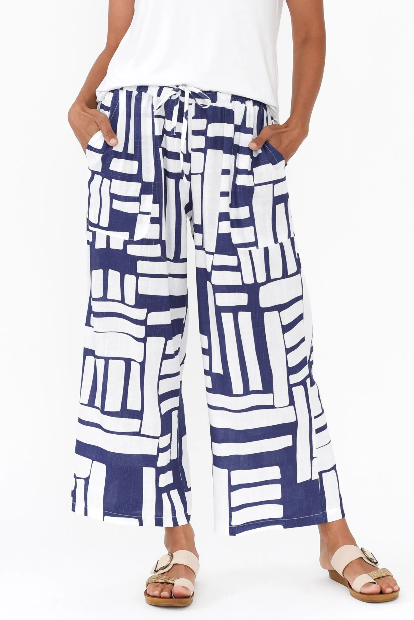 Minnelli Blue Geo Linen Cotton Pants sold by Blue Bungalow