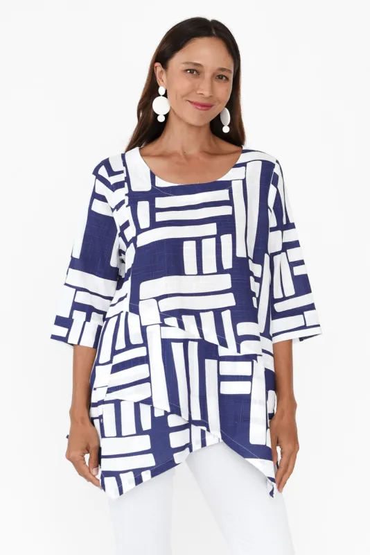 Anya Blue Geo Linen Cotton Top sold by Blue Bungalow
