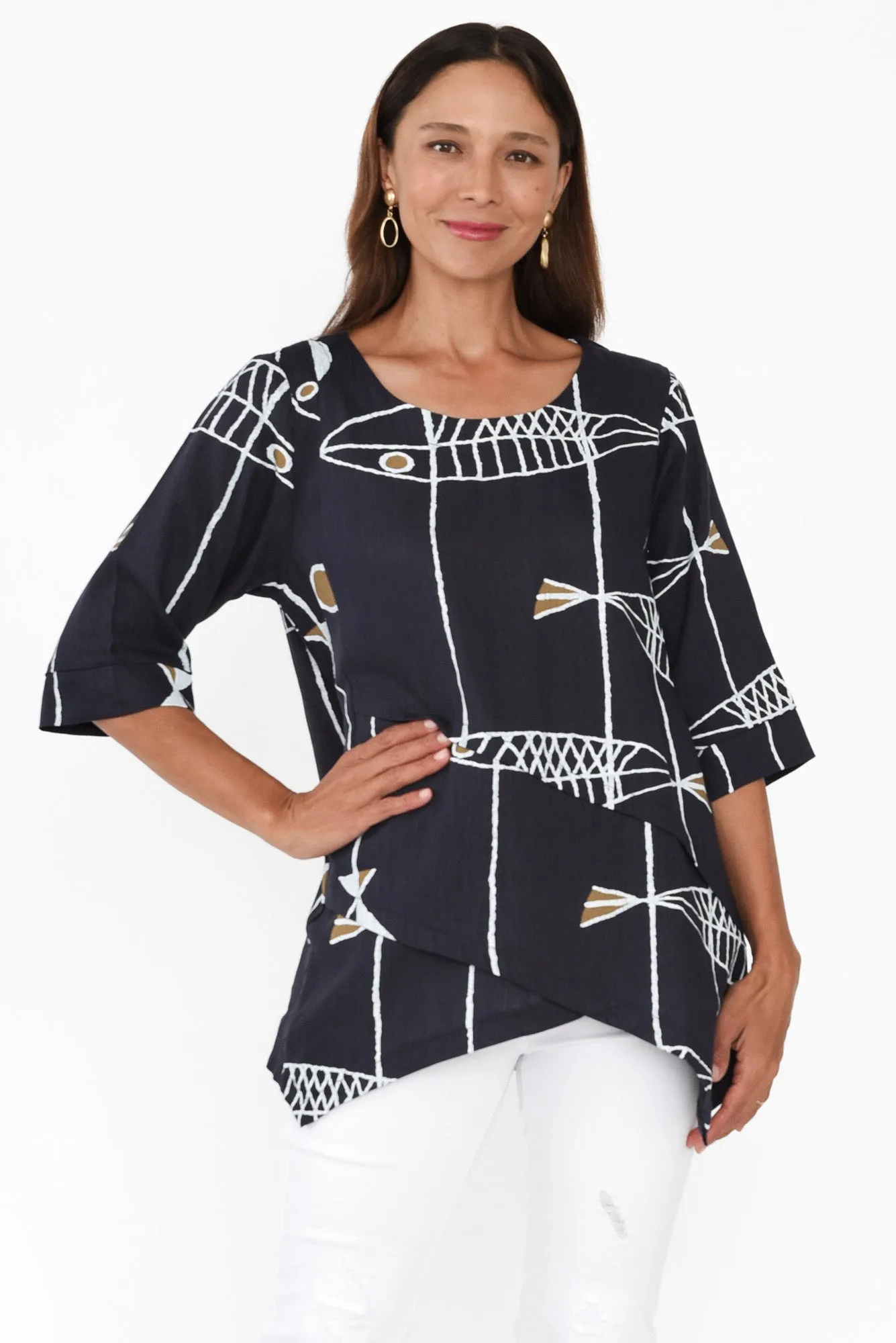 Anya Navy Sea Linen Cotton Top sold by Blue Bungalow