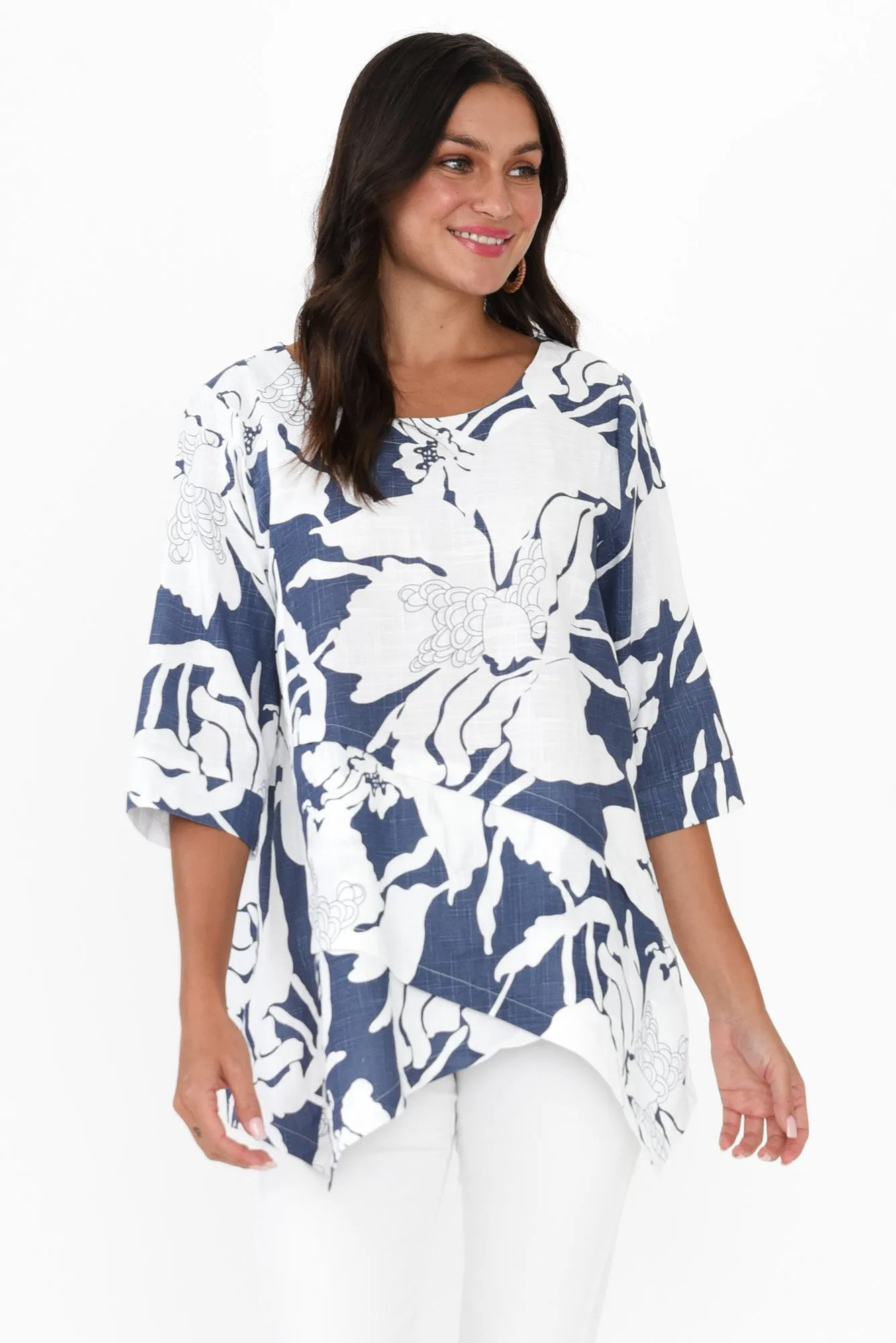 Anya Blue Floral Linen Cotton Top sold by Blue Bungalow