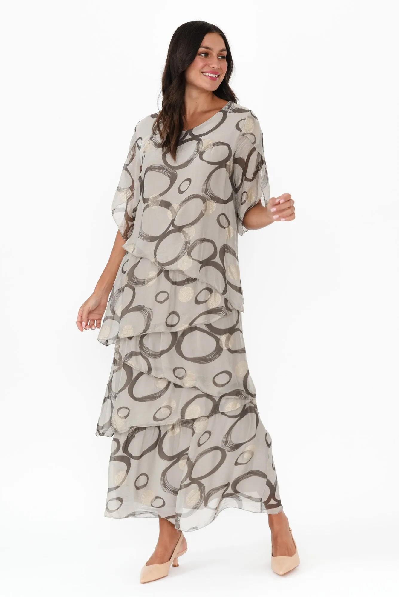 Rosetta Taupe Circle Silk Layer Dress sold by Blue Bungalow