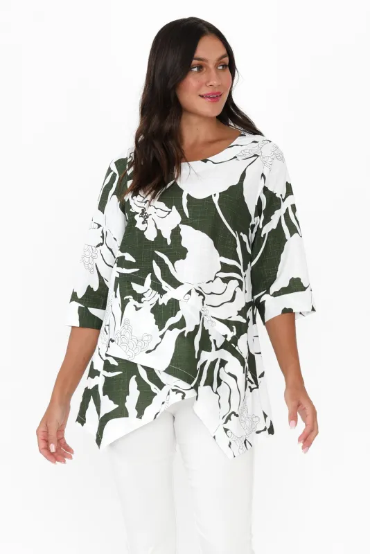 Anya Green Floral Linen Cotton Top sold by Blue Bungalow
