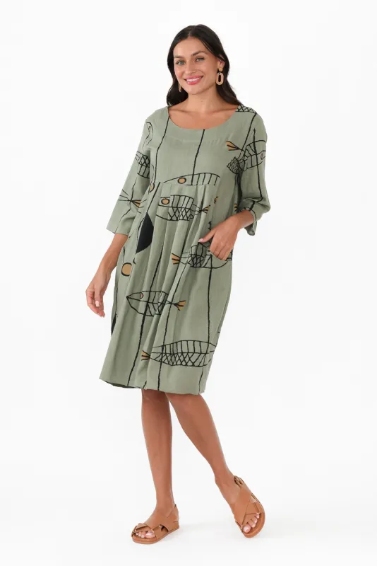 Myley Khaki Sea Linen Cotton Dress sold by Blue Bungalow
