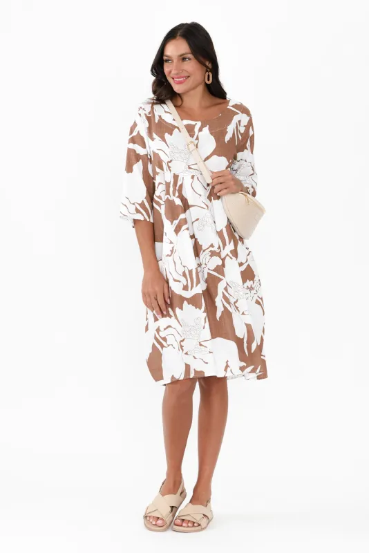 Myley Brown Floral Linen Cotton Dress sold by Blue Bungalow