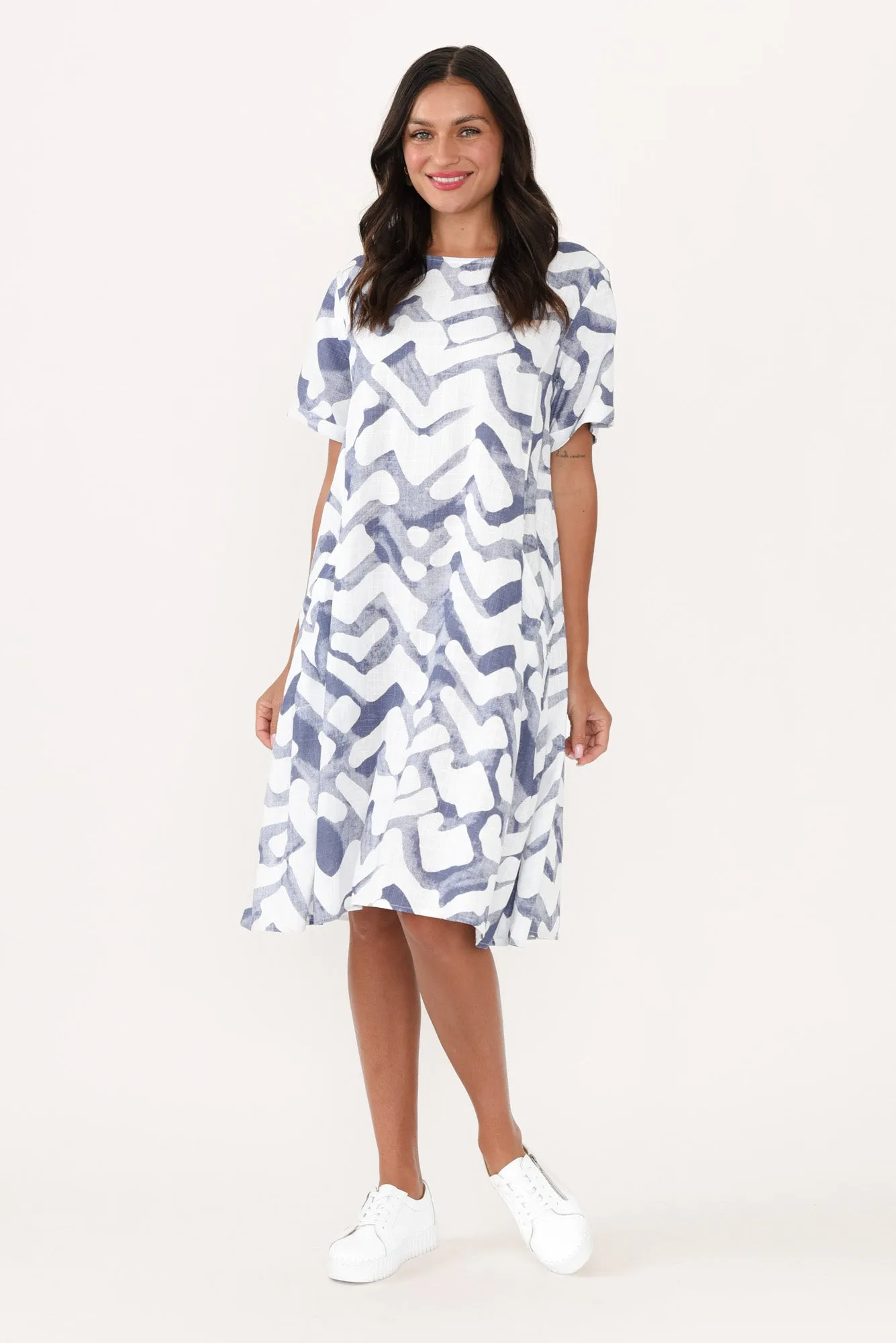 Shayann Navy Geo Linen Cotton Dress sold by Blue Bungalow