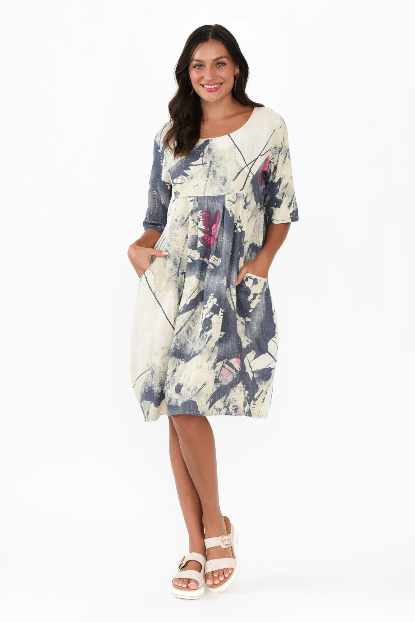 Myley Navy Splash Linen Cotton Dress sold by Blue Bungalow