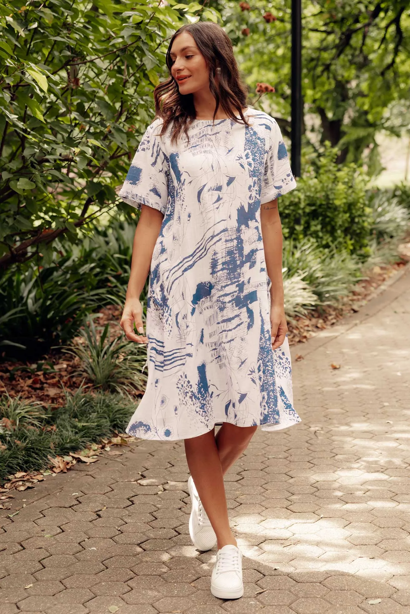 Shayann Blue Abstract Linen Cotton Dress sold by Blue Bungalow