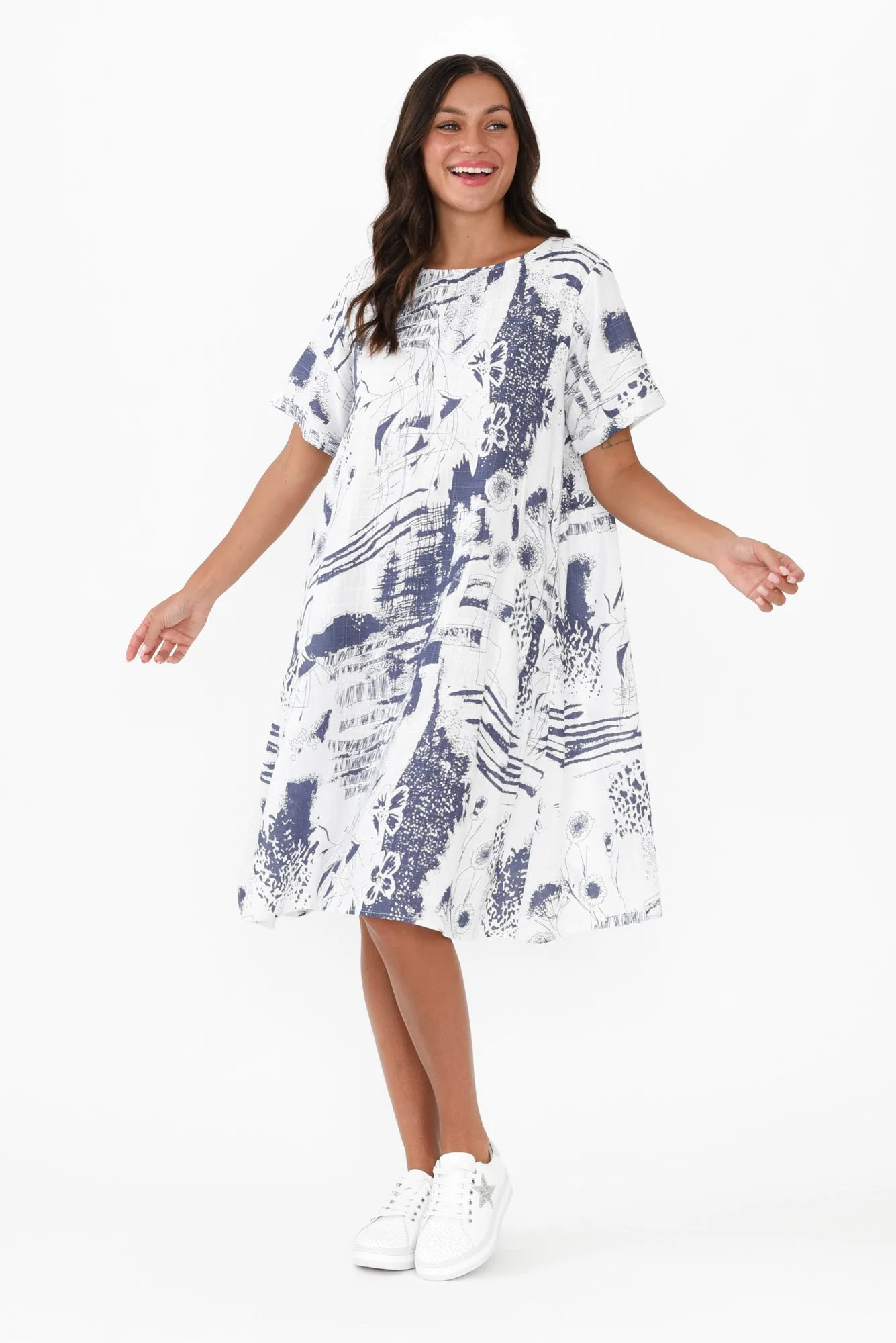Shayann Blue Abstract Linen Cotton Dress sold by Blue Bungalow product image thumbnail 2