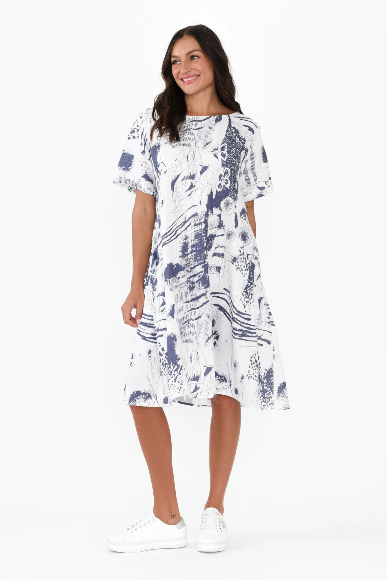 Shayann Blue Abstract Linen Cotton Dress sold by Blue Bungalow product image thumbnail 3