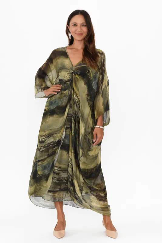 Alessio Khaki Abstract Silk Layer Dress sold by Blue Bungalow