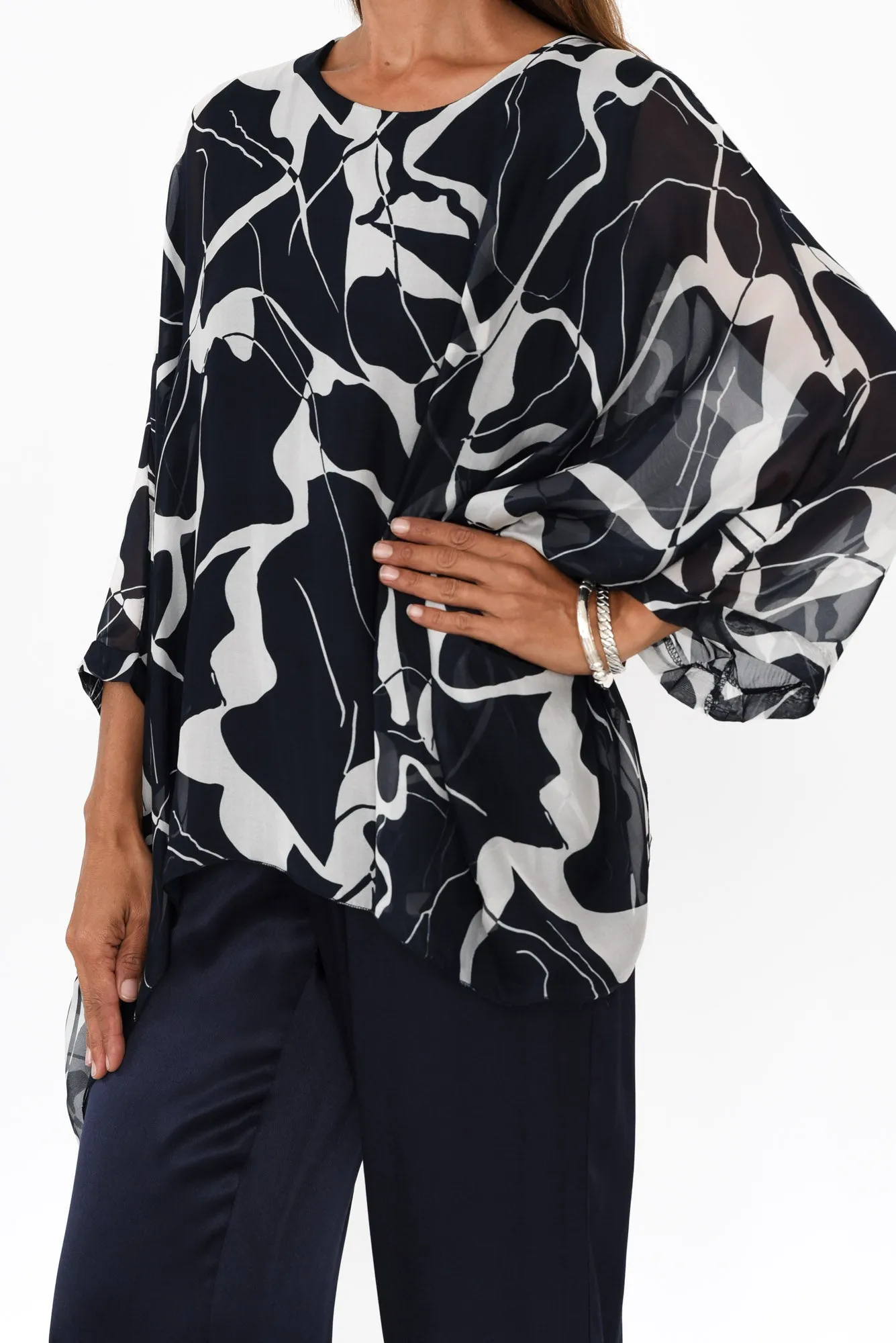 Trevino Navy Marble Silk Overlay Top sold by Blue Bungalow product image thumbnail 5
