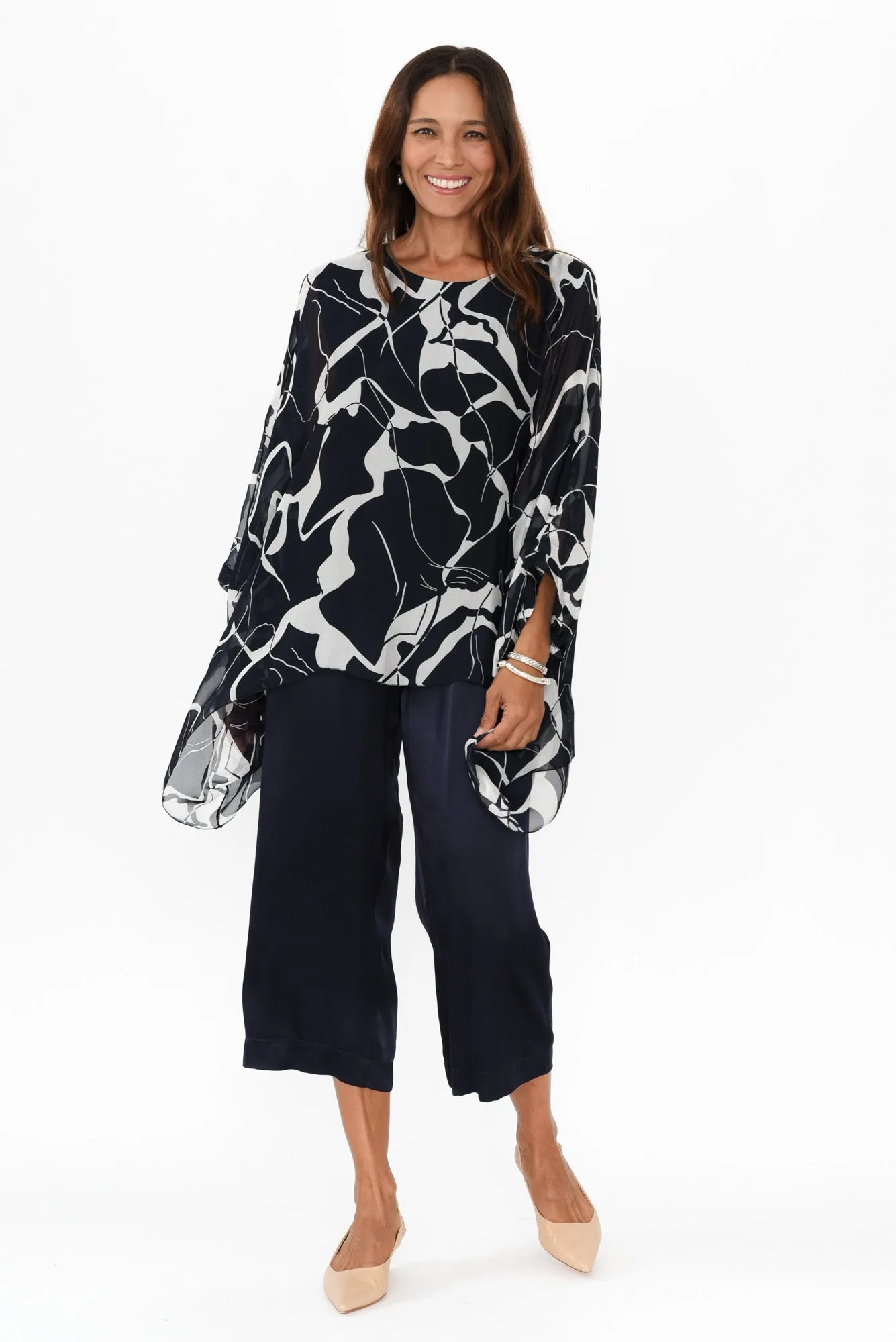 Trevino Navy Marble Silk Overlay Top sold by Blue Bungalow product image thumbnail 2