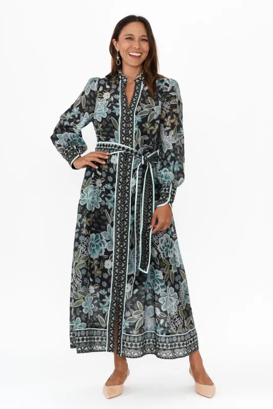 Sienna Blue Floral Cotton Silk Dress sold by Blue Bungalow