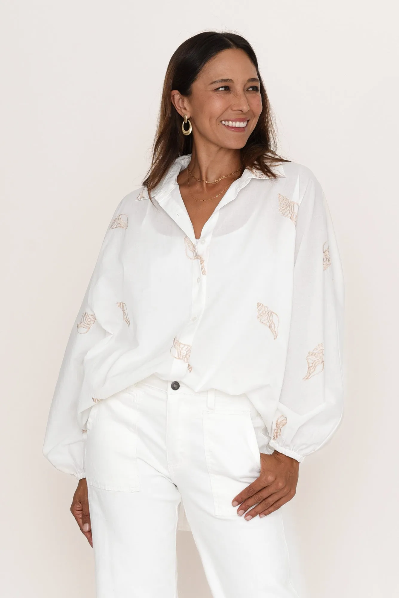 Cliffside White Shell Collared Shirt sold by Blue Bungalow