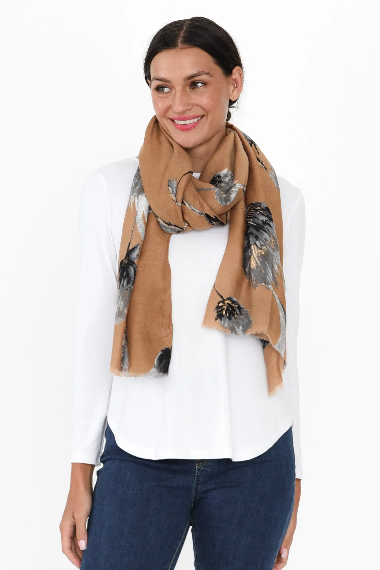 Lelia Camel Flower Fringe Scarf sold by Blue Bungalow