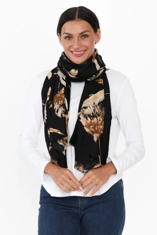 Lelia Black Flower Fringe Scarf sold by Blue Bungalow