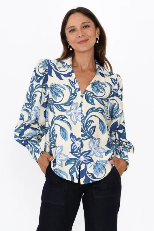 Dorianne Blue Floral Collared Shirt sold by Blue Bungalow