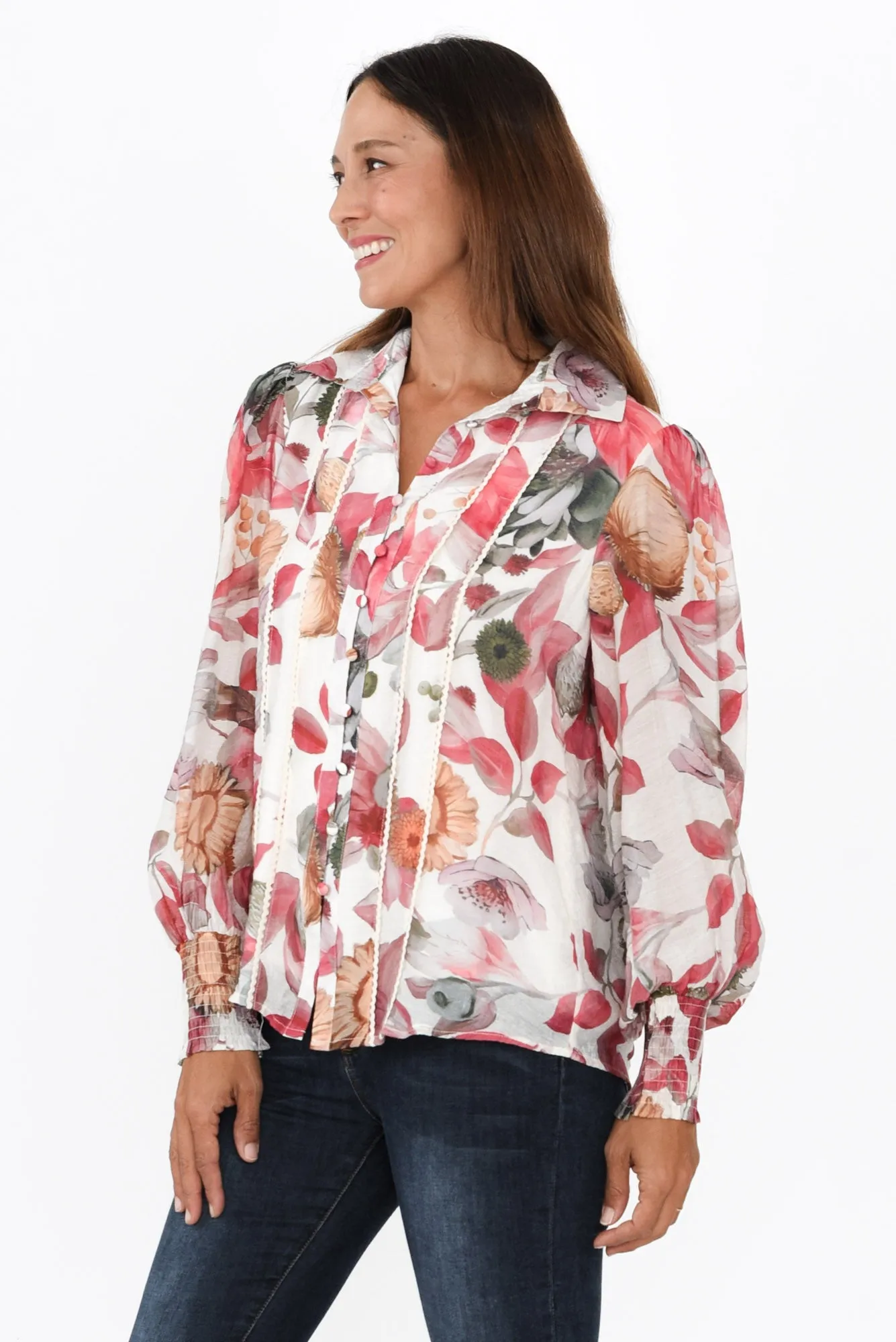 Lucille Red Floral Collared Shirt sold by Blue Bungalow product image thumbnail 3