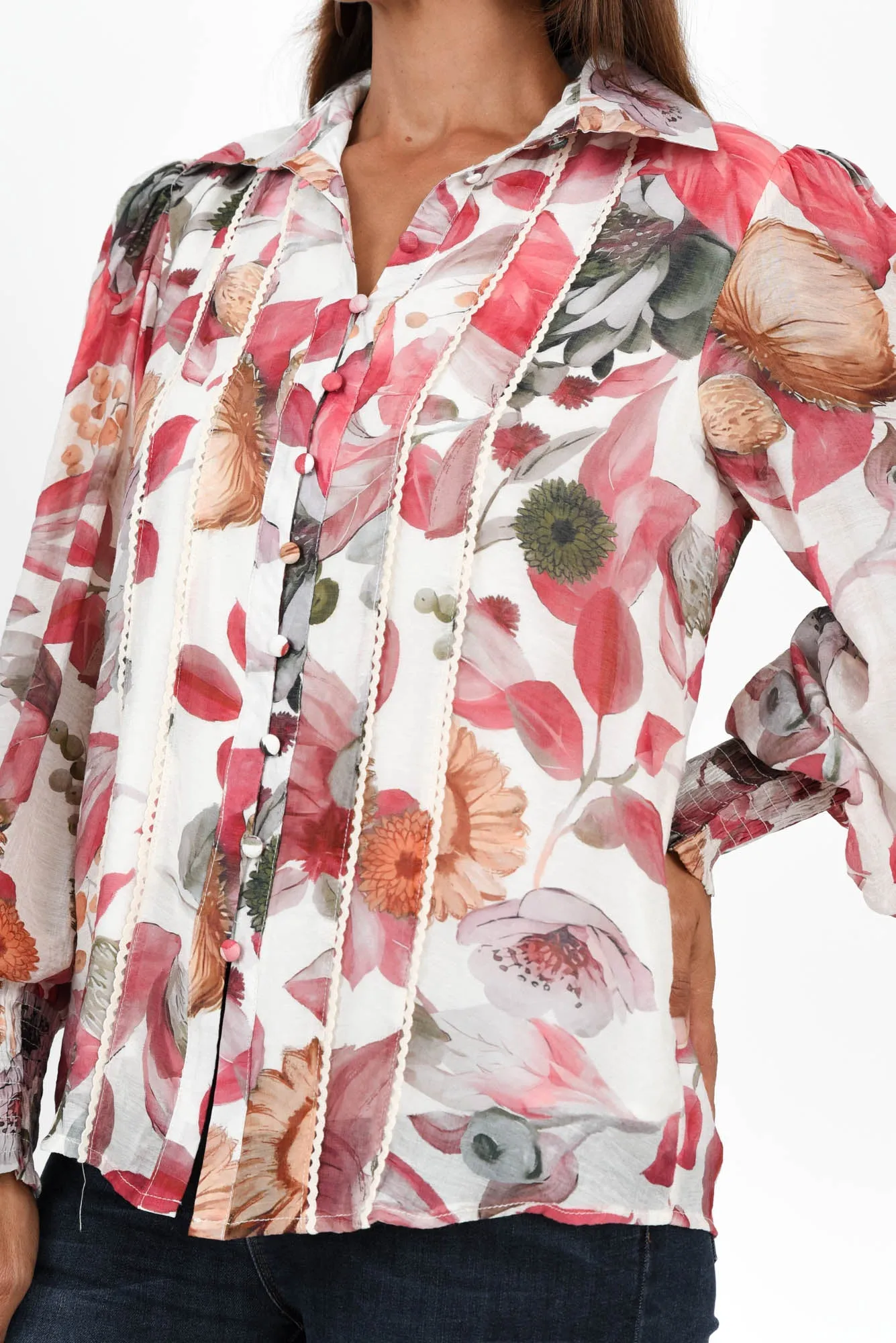 Lucille Red Floral Collared Shirt sold by Blue Bungalow product image thumbnail 5