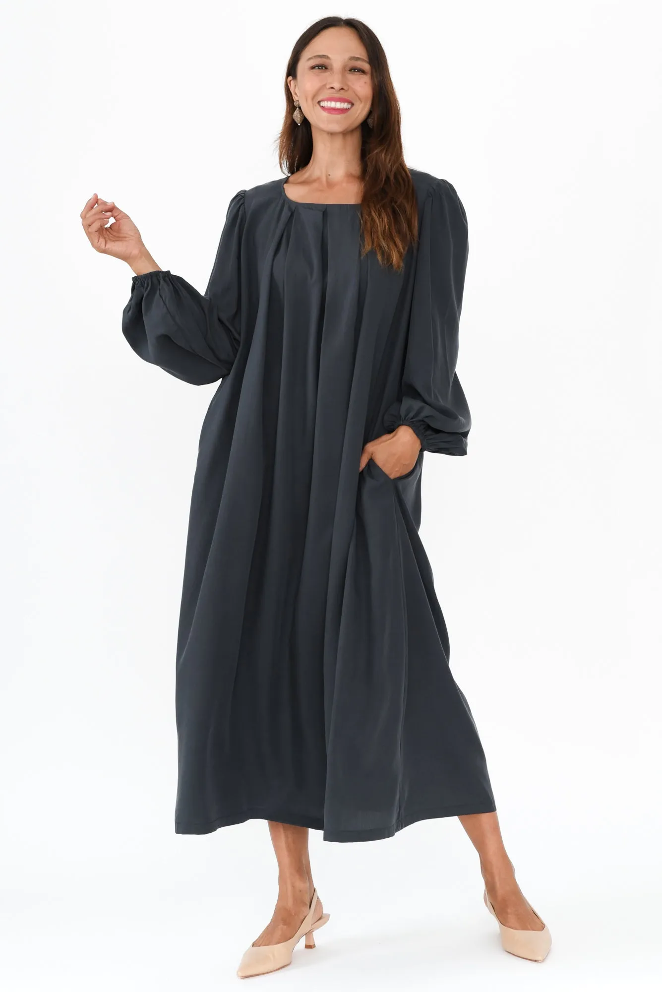 Jade Navy Puff Sleeve Dress sold by Blue Bungalow