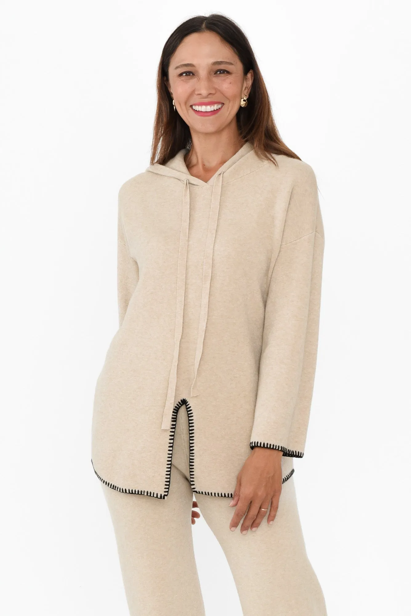 Cosy Natural Contrast Hooded Knit Jumper sold by Blue Bungalow