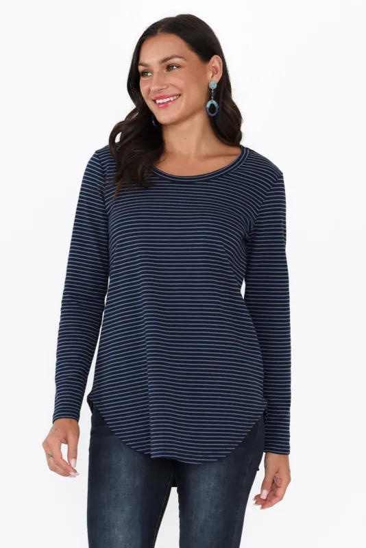 Megan Blue Pinstripe Cotton Long Sleeve Top sold by Blue Bungalow