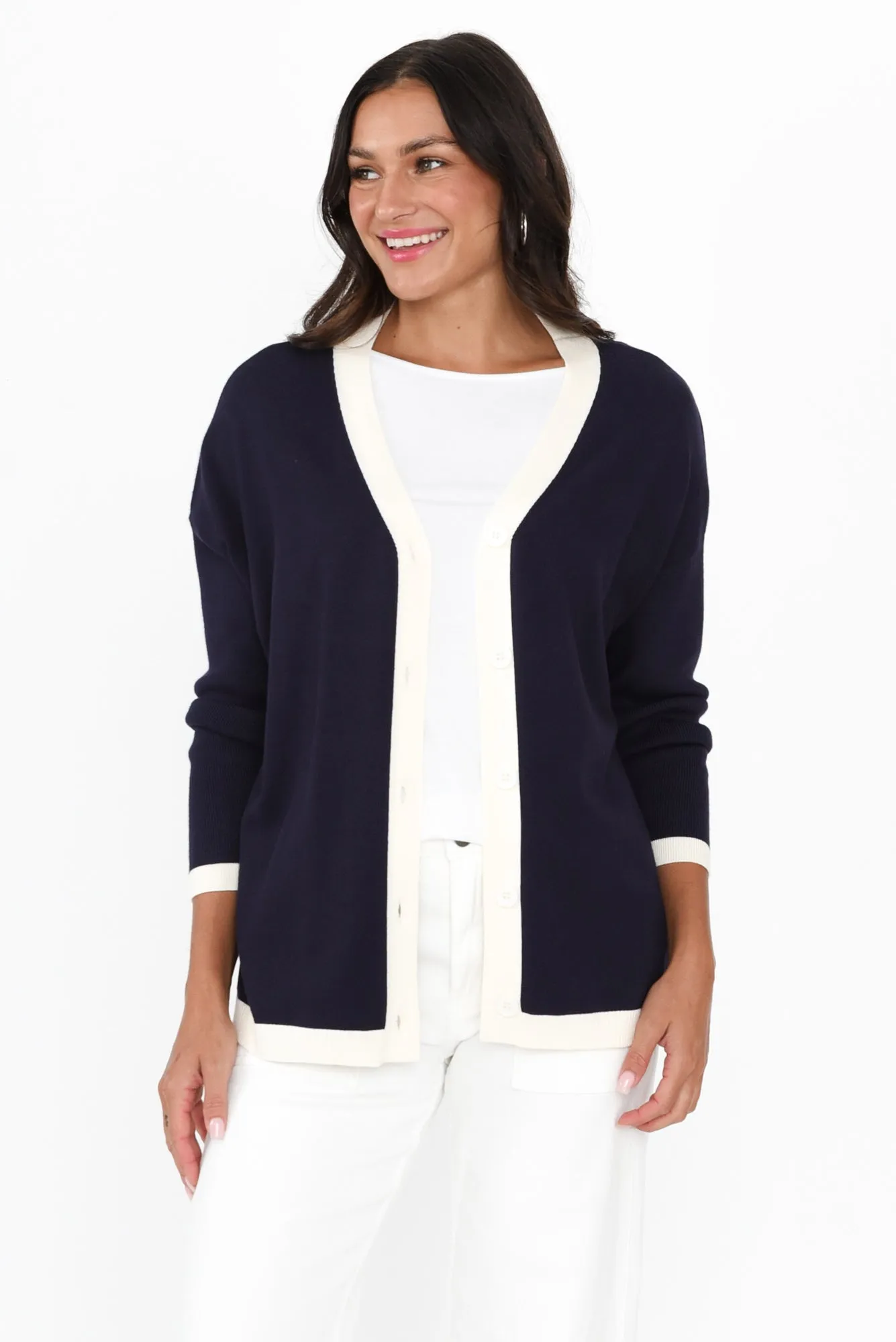 Hampton Navy Contrast Cardigan sold by Blue Bungalow