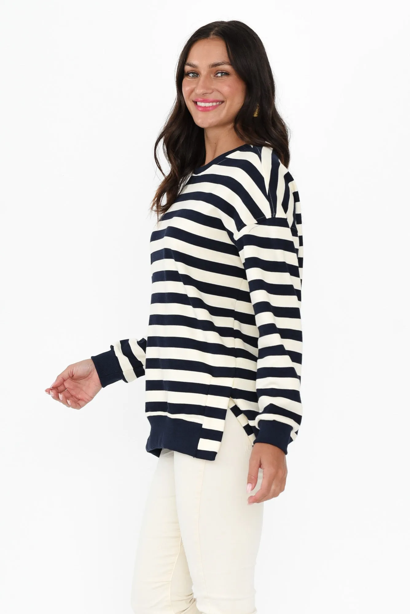 Easy Navy Stripe Cotton Crew Sweatshirt sold by Blue Bungalow product image thumbnail 3