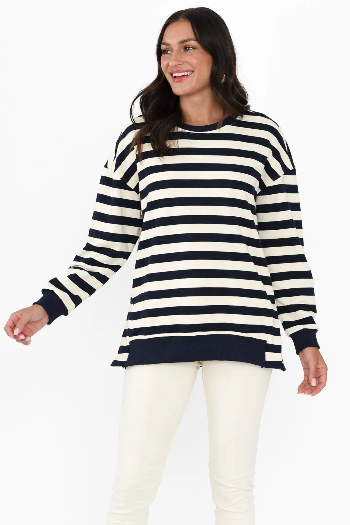 Easy Navy Stripe Cotton Crew Sweatshirt sold by Blue Bungalow