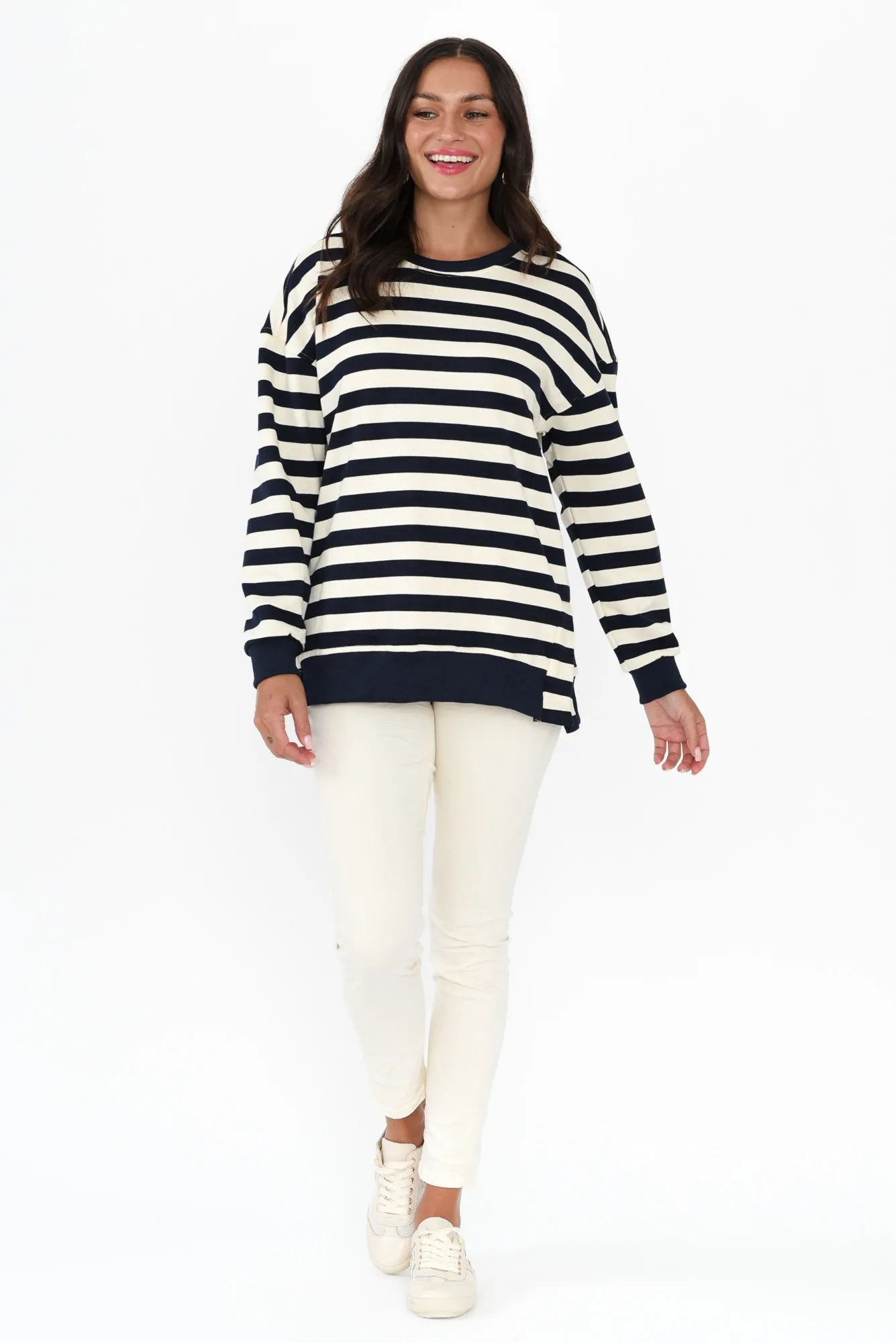 Easy Navy Stripe Cotton Crew Sweatshirt sold by Blue Bungalow product image thumbnail 2