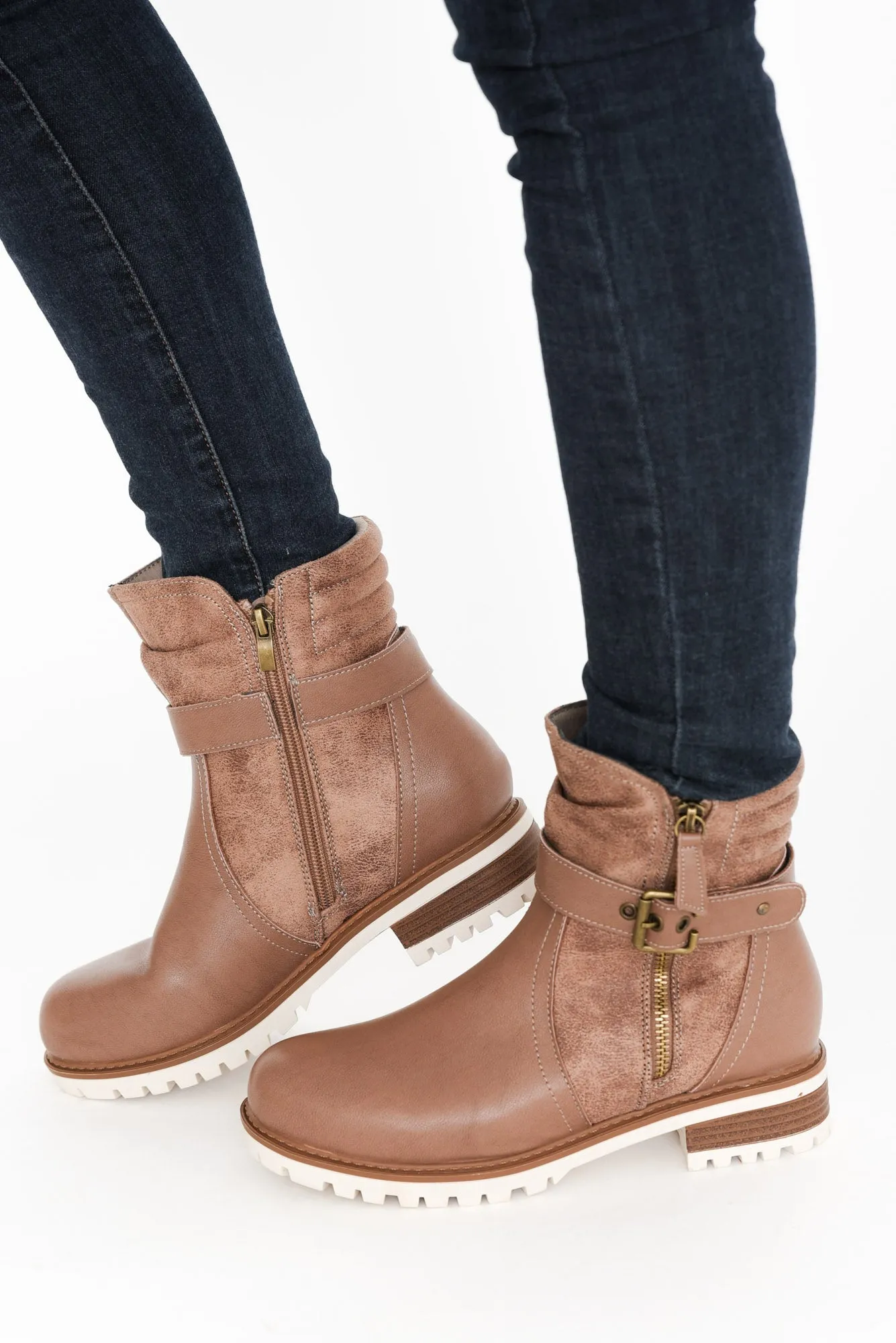Alpha Taupe Leather Zip Boot sold by Blue Bungalow