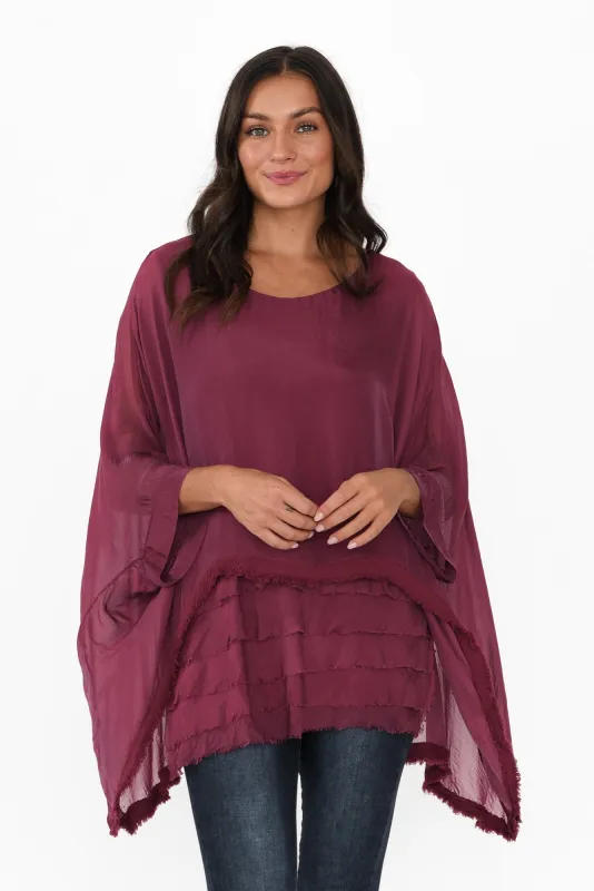 Amulet Burgundy Silk Frayed Layer Top sold by Blue Bungalow