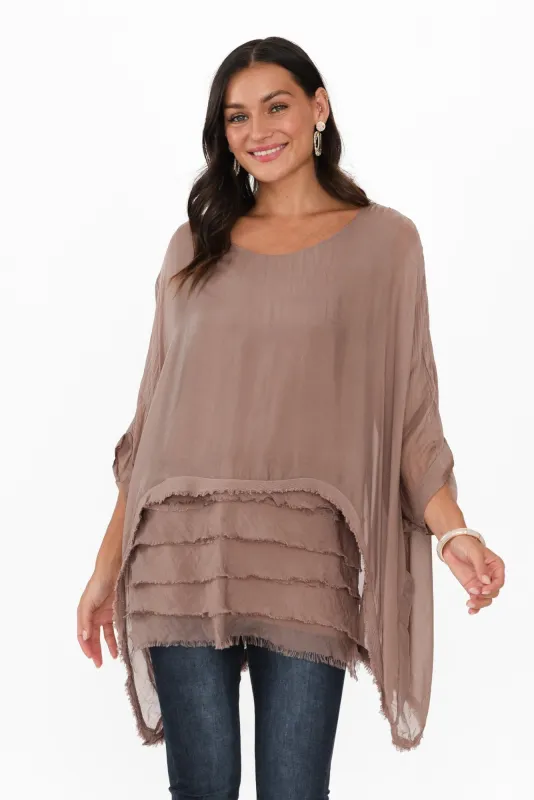 Amulet Mocha Silk Frayed Layer Top sold by Blue Bungalow