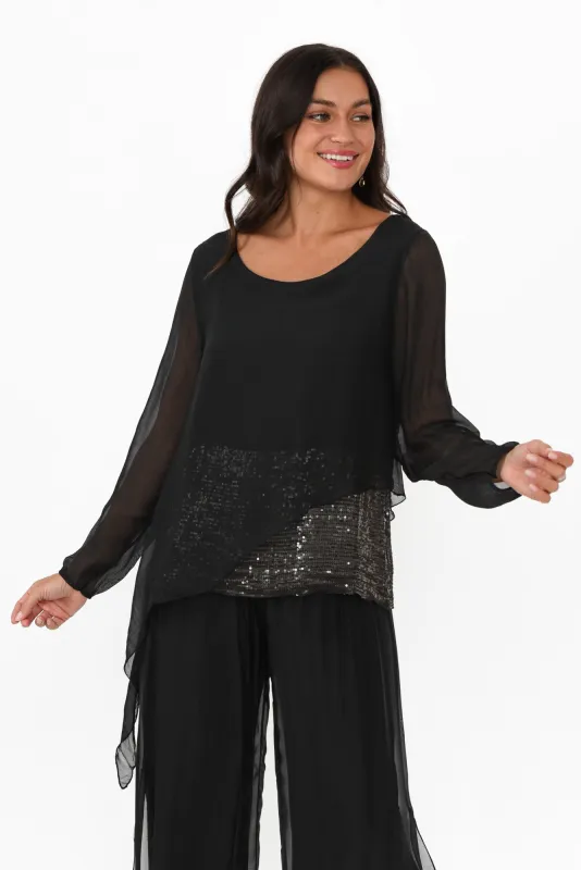 Heathie Black Silk Sequin Top sold by Blue Bungalow