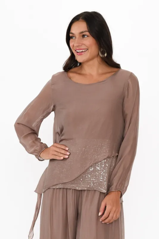 Heathie Mocha Silk Sequin Top sold by Blue Bungalow