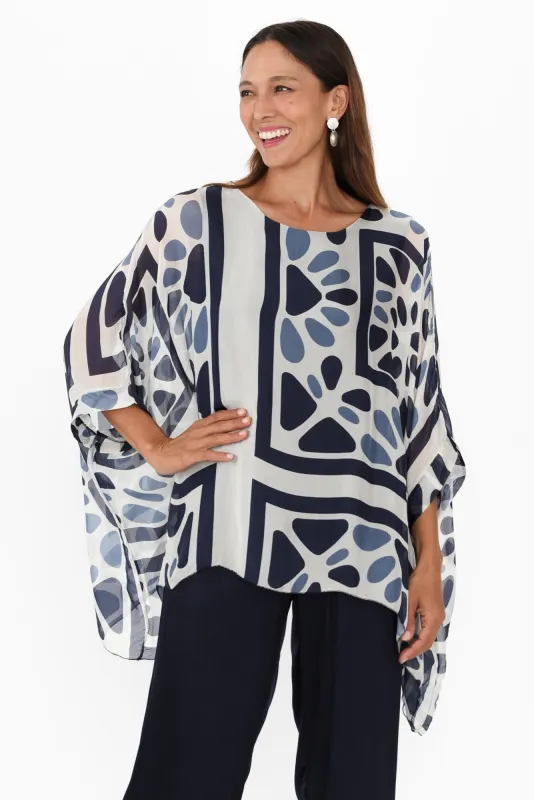 Trevino Blue Geo Silk Overlay Top sold by Blue Bungalow