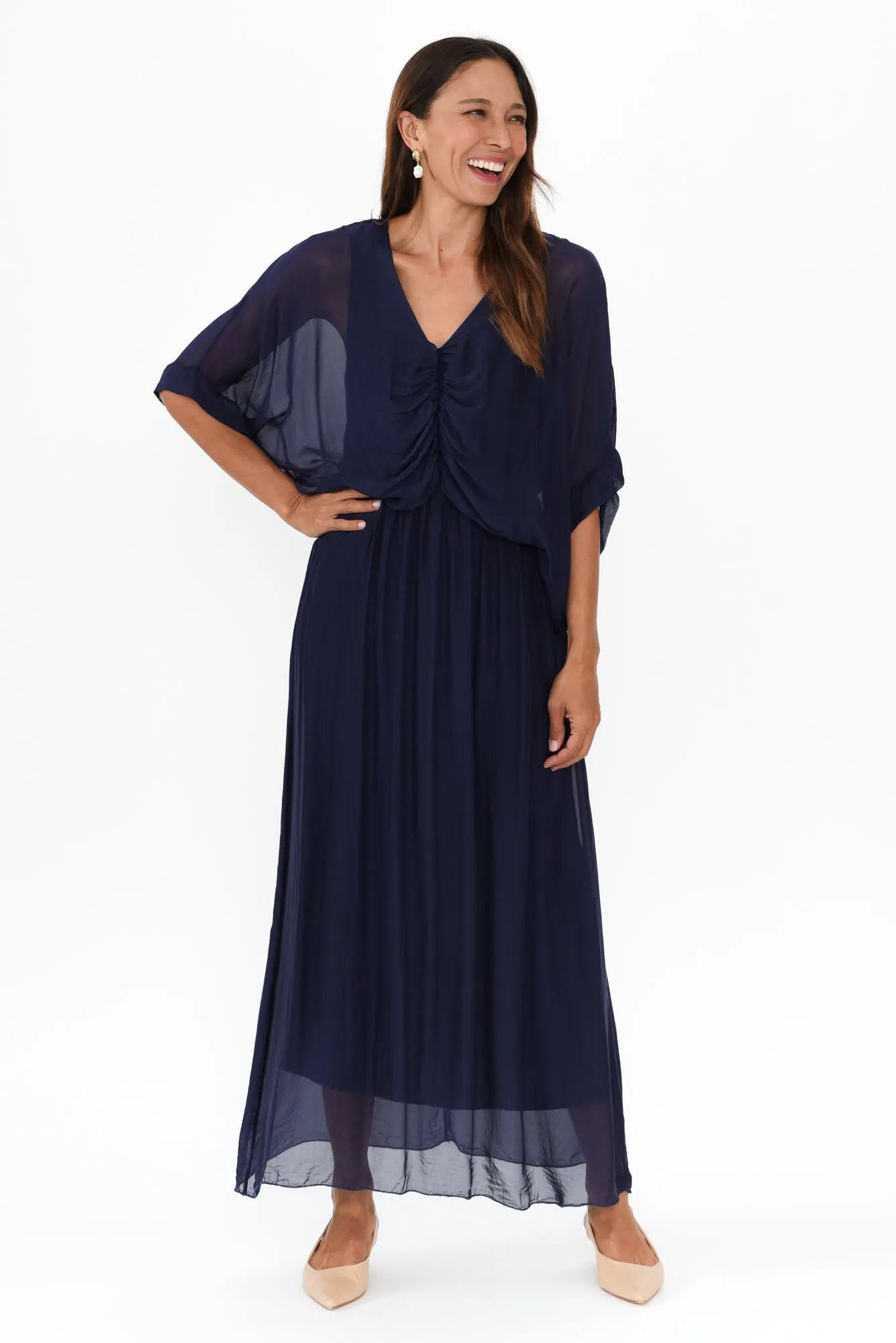Kerry Navy Silk Gathered Dress sold by Blue Bungalow
