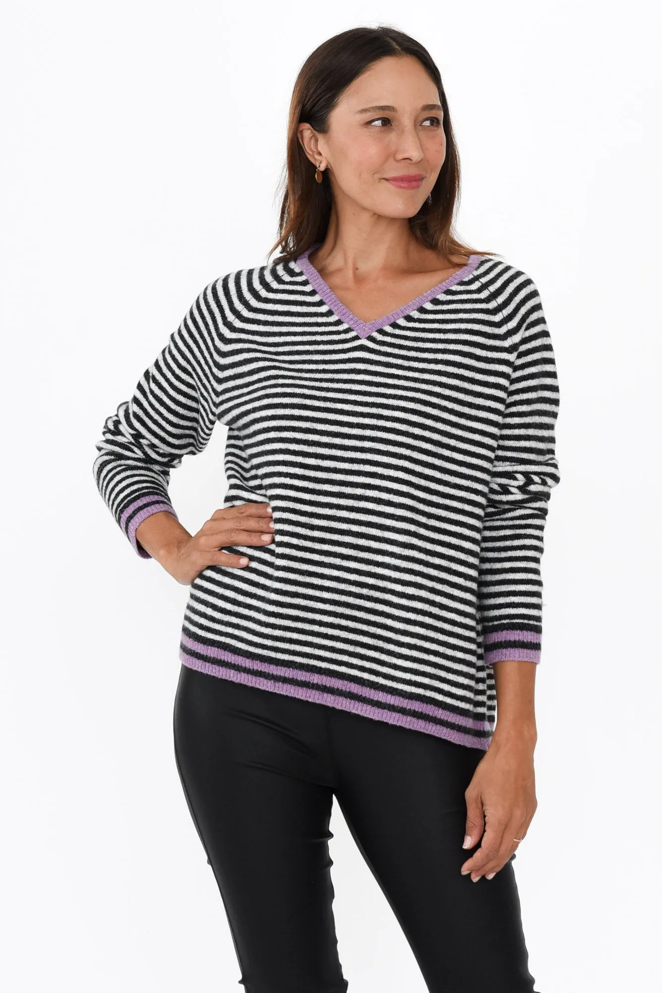 Alzira Grey Stripe V Neck Jumper sold by Blue Bungalow