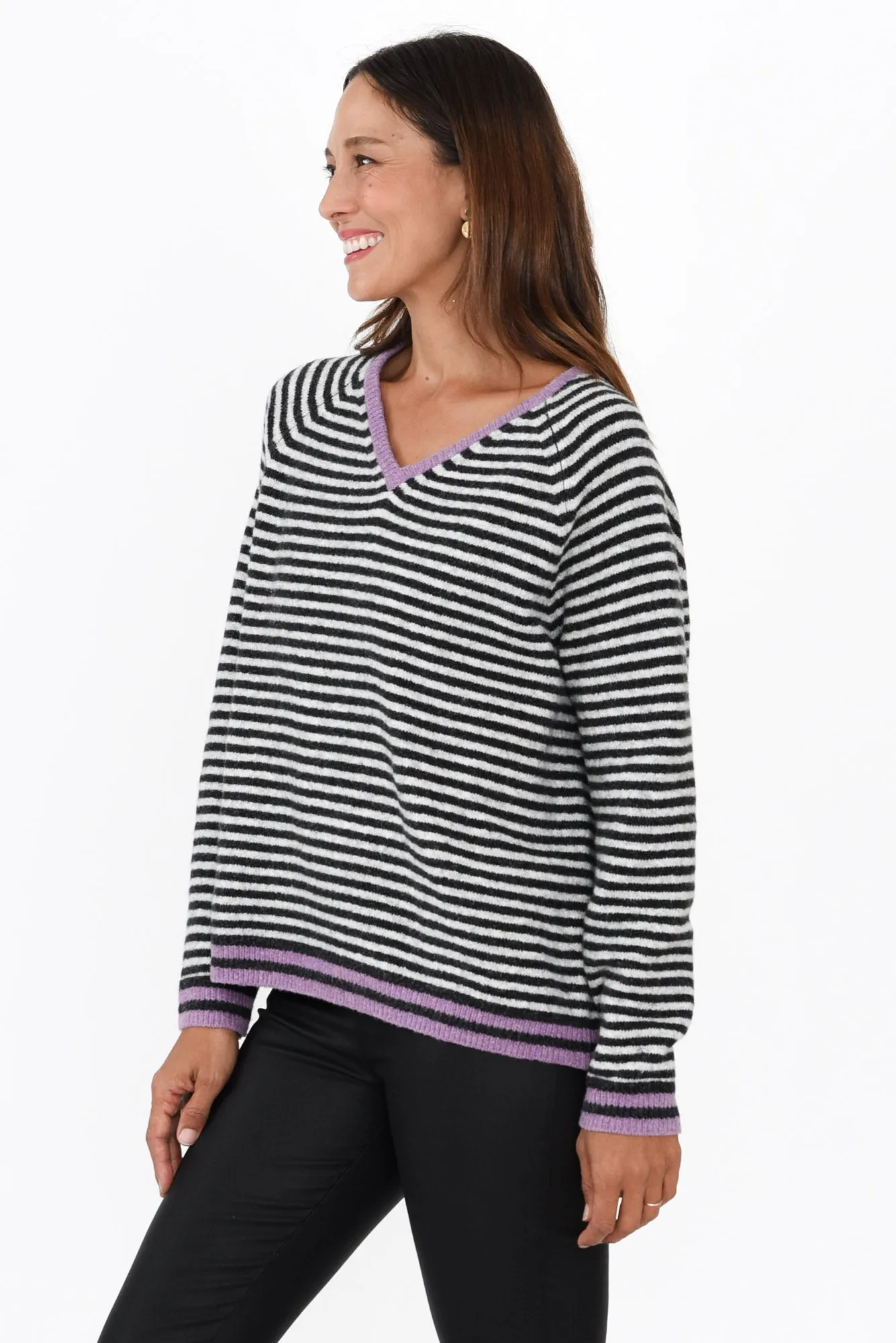 Alzira Grey Stripe V Neck Jumper sold by Blue Bungalow product image thumbnail 3