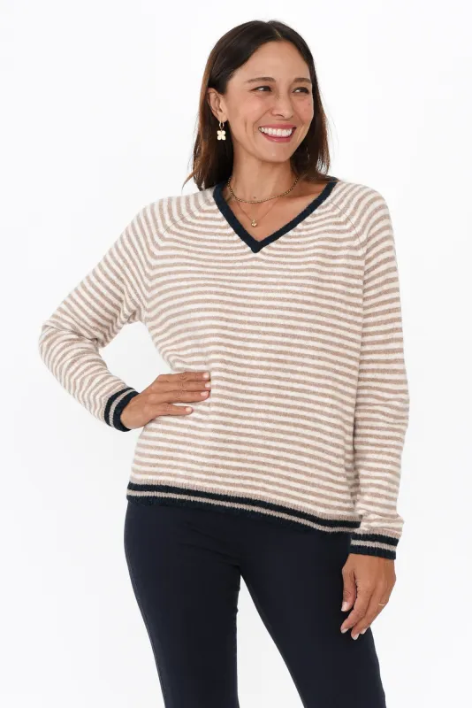 Alzira Mocha Stripe V Neck Jumper sold by Blue Bungalow