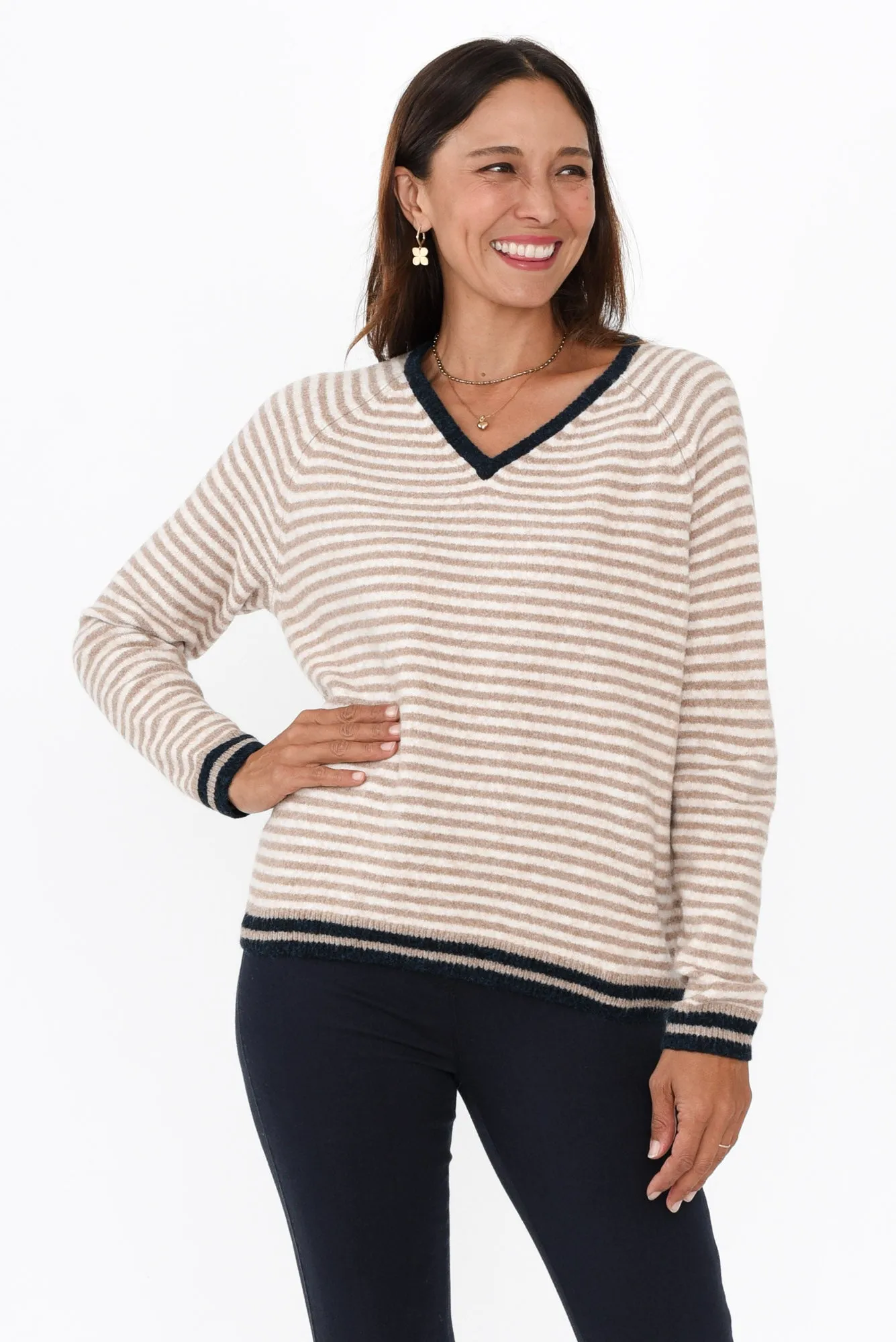 Alzira Mocha Stripe V Neck Jumper sold by Blue Bungalow
