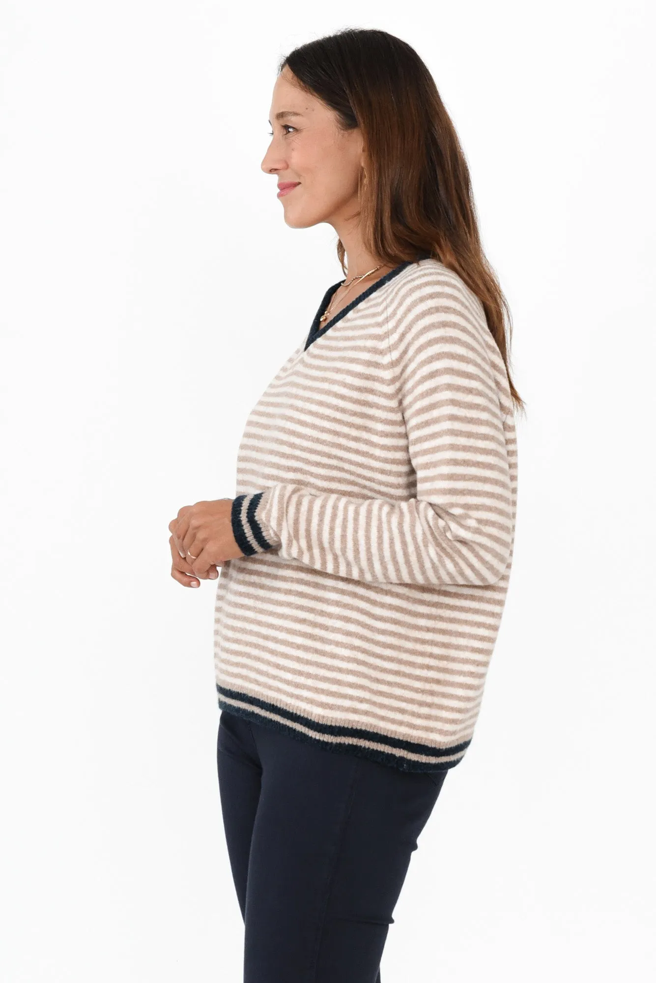 Alzira Mocha Stripe V Neck Jumper sold by Blue Bungalow product image thumbnail 3