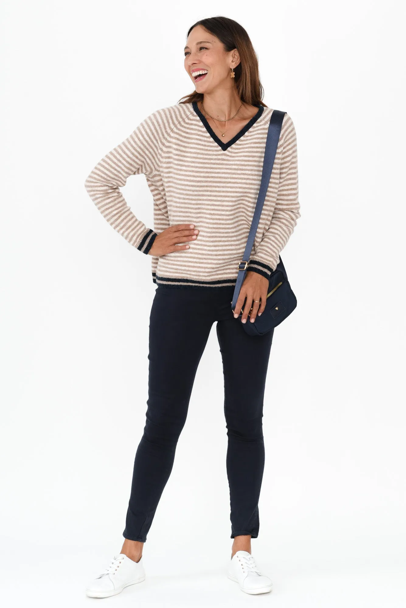 Alzira Mocha Stripe V Neck Jumper sold by Blue Bungalow product image thumbnail 2