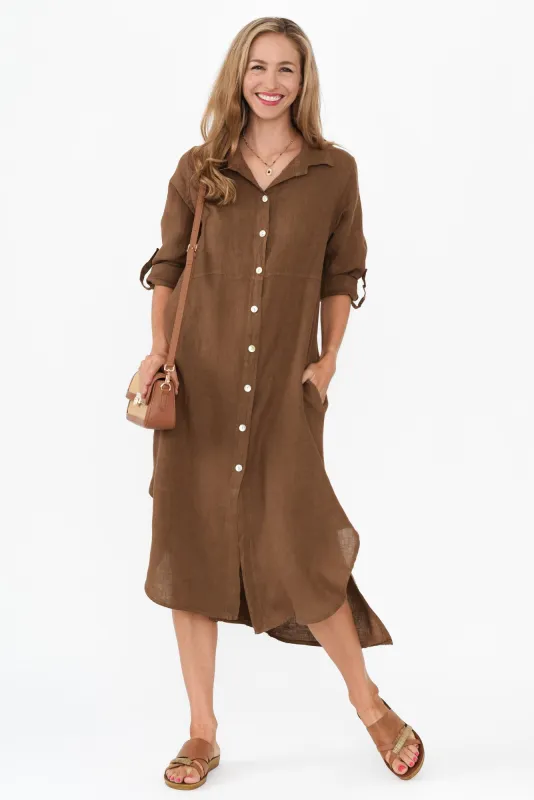 Elin Mocha Linen Shirt Dress sold by Blue Bungalow