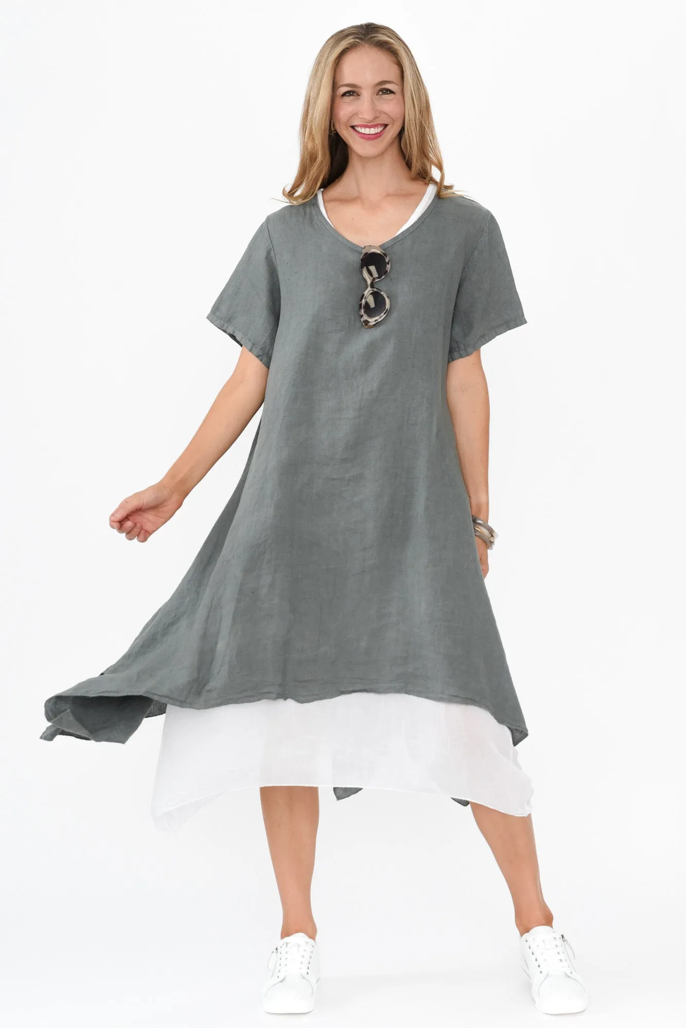 Wylie Grey Contrast Linen Layer Dress sold by Blue Bungalow